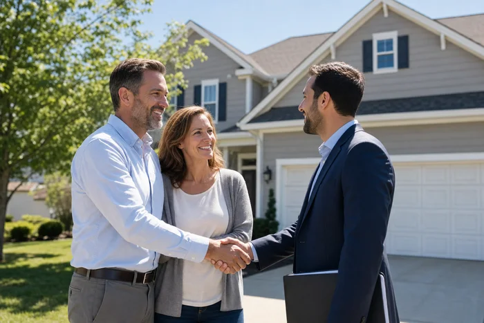 Family and agent celebrating sold home