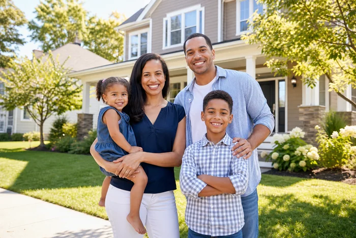 Happy family outside their home