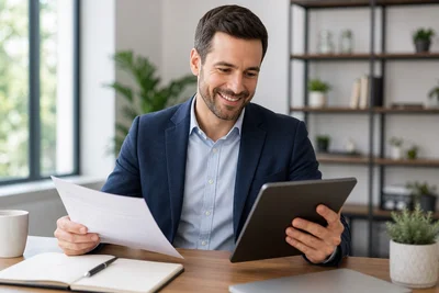 Woman reviewing cash offer on tablet